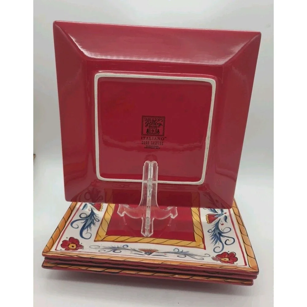 Tabletops Unlimited Italiano Square Dinner Plates Set Of 4 Red Blue Floral
